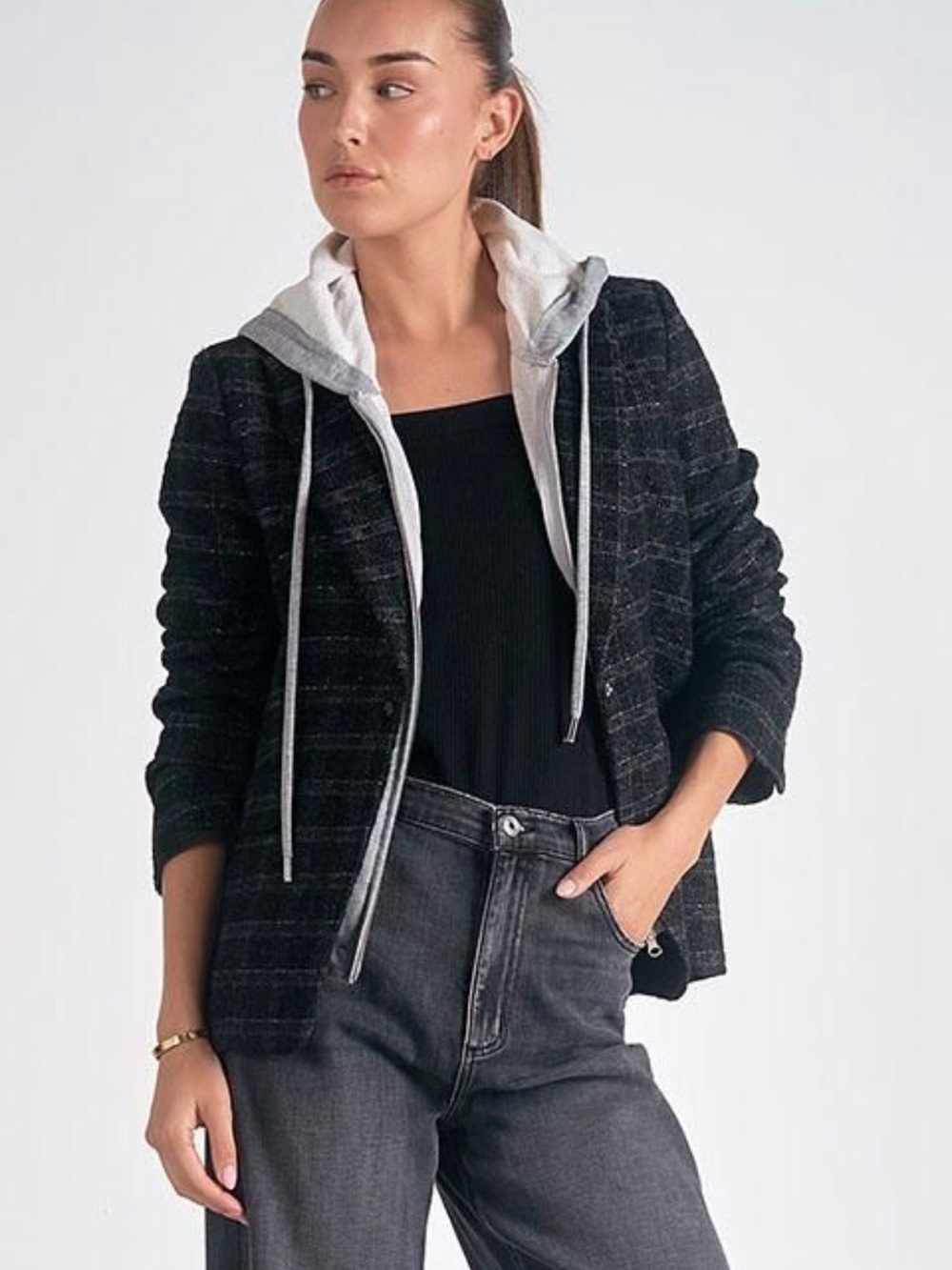 NWT ELAN Black Tweed Blazer with Gray Hooded Layer
